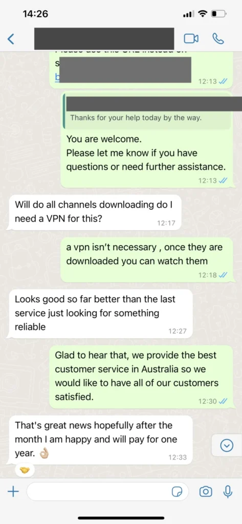 WhatsApp samtal med Pongo IPTV support 3